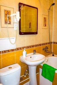 La salle de bains est pourvue d'un lavabo, de toilettes et d'un miroir. dans l'établissement Дрезден, à Petropavlovsk-Kamtchatski