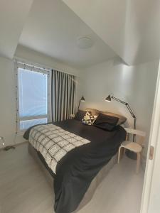 een slaapkamer met een bed, een lamp en een raam bij Apartment with Sauna in the heart of Rovaniemi in Rovaniemi