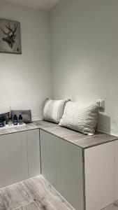 cocina blanca con armarios blancos y almohada en Appartement Eifelglück, en Pelm