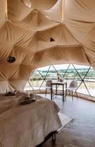 Zelt mit einem Bett in einem Zimmer mit Aussicht in der Unterkunft WonderInn Riverside in Årnes