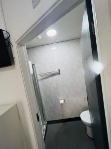 a bathroom with a toilet and a shower door at Alexandra Hotel in Blackpool