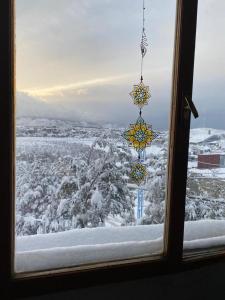 uma janela com vista para um campo coberto de neve em GAVIMAR em Ushuaia