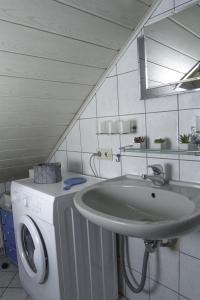 a bathroom with a washing machine and a sink at Weinstube Ferienwohnungen Johann Benzschawel in Irsch