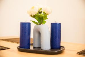 three vases with flowers in them on a table at Gaia Studio House in Budapest