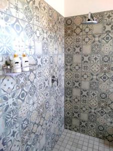 a bathroom with a shower with blue and white tiles at 14 at Karee in Stilbaai