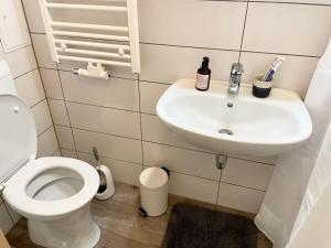 a bathroom with a white sink and a toilet at Unique Apartments in Döbling in Vienna