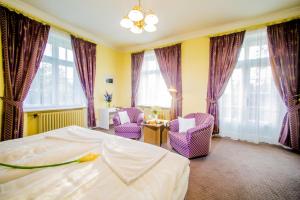 a hotel room with a bed and chairs and windows at Hotel Veba in Broumov