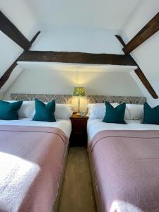 Mimosa Cottage في فارنهام: سريرين يجلسون في غرفة مع