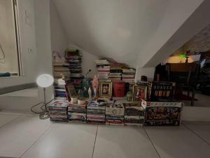 馬賽的住宿－Studio atypique Camas，一堆书坐在房间里地板上