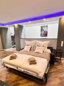 1 dormitorio con 1 cama grande y techo púrpura en Galina's SAUNA-SPA!, en Baden-Baden