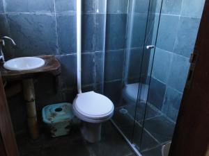 a bathroom with a toilet and a glass shower at Pousada Pé da Mata in Aiuruoca