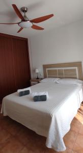 a bedroom with a white bed with a ceiling fan at Alojamiento Parque Corralejo in Corralejo