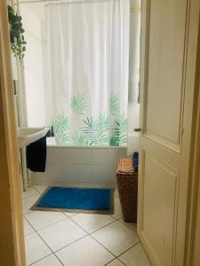 a bathroom with a shower curtain and a blue rug at Chambre double Montreux centre vue lac in Montreux