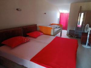 a bedroom with a large bed with red pillows at Rainfort apart nikfer 