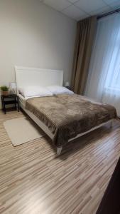 un letto in una camera da letto con pavimento in legno di Apartmán RADKA a Zvolen