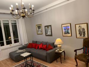 un soggiorno con un divano grigio e cuscini rossi di Budapest, Graf Teleki Laszlo Appartement a Budapest Altre 39 foto