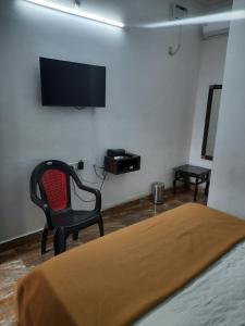 a bedroom with a bed and a chair and a flat screen tv at Cherry blossom guest house in Arpora