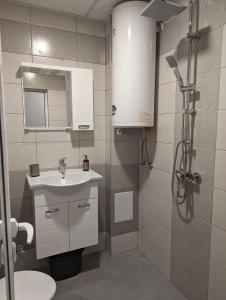 ein Bad mit einem Waschbecken und einem Spiegel in der Unterkunft Teo's place in Ruse