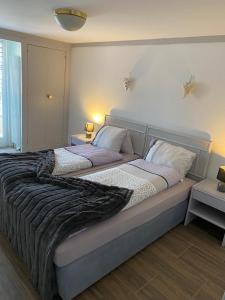 een slaapkamer met 2 bedden en dekens erop bij Lake Rooms in Därligen