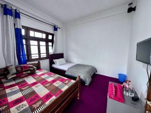 ein Schlafzimmer mit 2 Betten und einem TV. in der Unterkunft Syengden Nikunj in Darjeeling