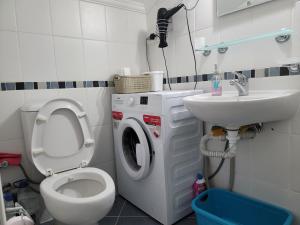 een badkamer met een toilet, een wastafel en een wasmachine bij Dalaman Botanik Garden in Dalaman