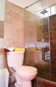 y baño con aseo y ducha. en Hotel Mirador Las Palmas, en Armenia