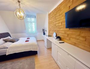 Schlafzimmer mit einem Bett und einem Flachbild-TV in der Unterkunft Atelierwohnung mit Parkblick in Erfurt