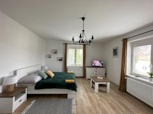 1 dormitorio con cama y lámpara de araña en Apartments Old Town, en Brandýs nad Labem-Stará Boleslav