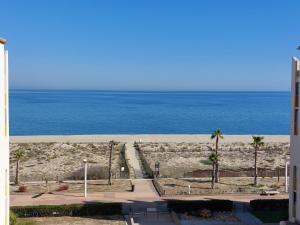 a view of the beach and the ocean from a building at Superbe appartement vu mer avec parking et Wifi in Le Barcarès