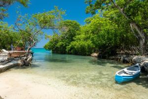 una barca blu su una spiaggia vicino all'acqua di Hotel Coralina Island a Isla Grande