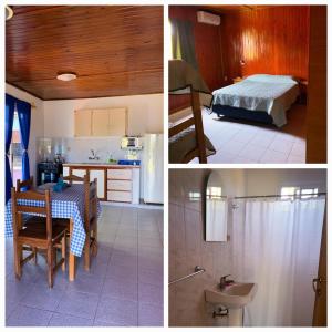 three pictures of a kitchen and a room at Cabañas Tacuabe in Termas de Guaviyú