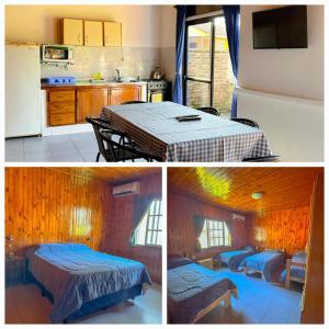 two pictures of a kitchen and a room with a table at Cabañas Tacuabe in Termas de Guaviyú +14 photos