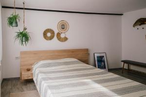 a bedroom with a bed and two plants on the wall at 1 bedroom Lake House in Năvodari