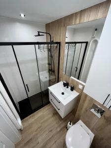 a bathroom with a white toilet and a sink at Panorama Apartment Kraków in Krakow