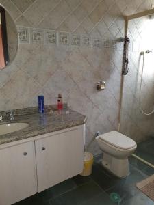 La salle de bains est pourvue de toilettes et d'un lavabo. dans l'établissement Chácara guararema, à Guararema