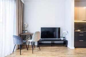 uma sala de estar com uma televisão e duas cadeiras e uma mesa em Nowe Ptasie, Osiedle Ptasie, apartment 30, NEW - LUX - PARKING em Katowice