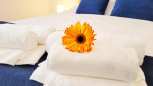 une fleur jaune assise au-dessus des serviettes sur un lit dans l'établissement Victoria Apartment - Center of Ponta Delgada, à Ponta Delgada