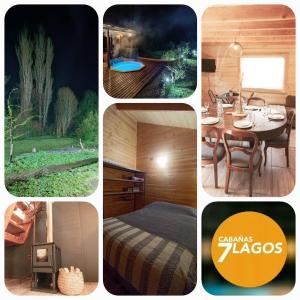 a collage of photos of a house with a table and chairs at Cabañas los 7 lagos in Panguipulli