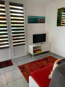uma sala de estar com uma televisão e um sofá em Altéa em Pessac