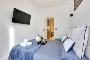 Schlafzimmer mit einem Bett und einem Flachbild-TV in der Unterkunft Cosy Appartement Portes de Paris in Aubervilliers