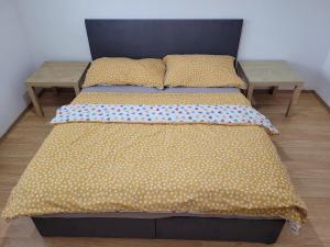 a bed with a black headboard and two tables at Apartmán Neva Sereď in Seredʼ