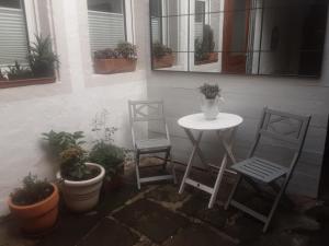 patio z 2 krzesłami i stołem z roślinami w obiekcie Ferienhäuschen am Heumarkt w mieście Deidesheim