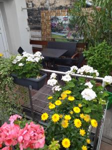 ogród z kwiatami, stołem i krzesłami w obiekcie Ferienhäuschen am Heumarkt w mieście Deidesheim
