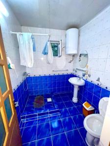 a blue tiled bathroom with a toilet and a sink at Sunny Valley Karakol in Karakol