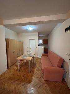 ein Wohnzimmer mit einem Sofa und einem Tisch in der Unterkunft REA APARTMENT in Kragujevac