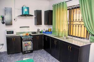 a kitchen with black cabinets and a green curtain at ARO (1.0) 2BD Studio Flat (Abule-Egba/Lagos) in Agege