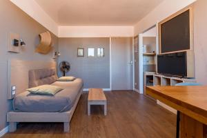 a living room with a bed and a tv at Résidence L'Atelier in Ennezat