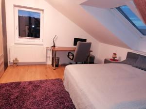um quarto com uma cama, uma secretária e uma janela em Haus Larissa em Gmünd