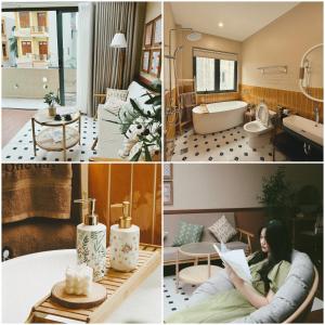 un collage di quattro foto di una camera d'albergo di Ninh Binh One Day Coffee and Homestay a Ninh Binh