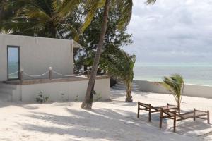 two benches sitting on the beach near the ocean at The Zanzibar Beach House-West in Pingwe